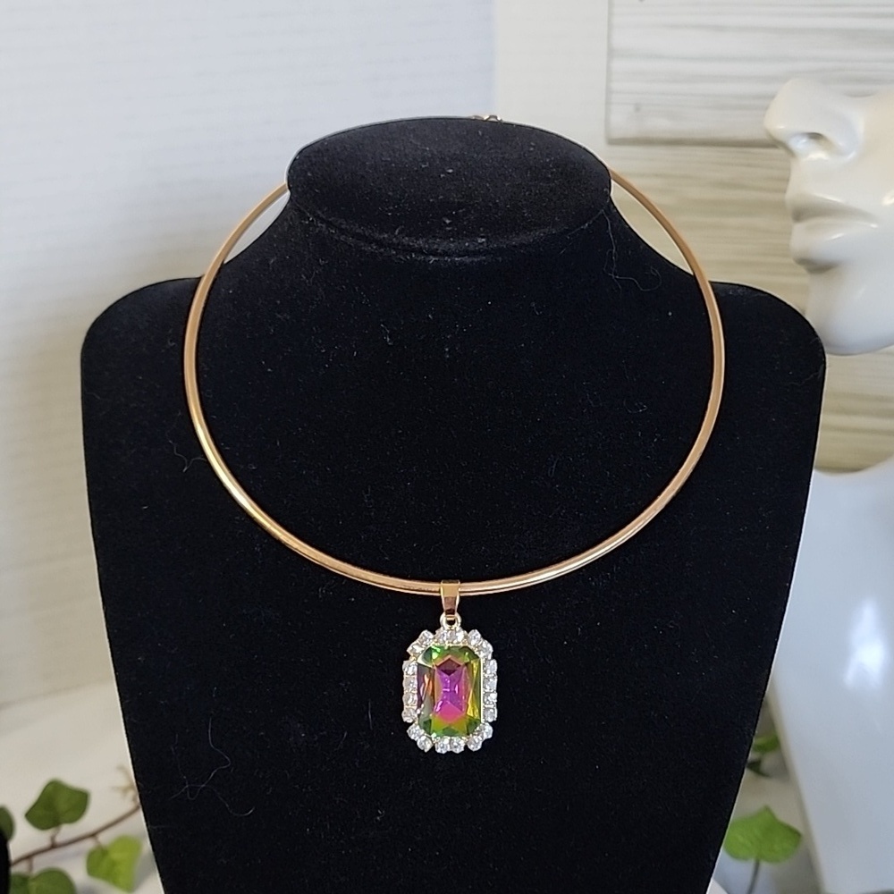Gold Choker Necklace with Rainbow AB Square Pendant New